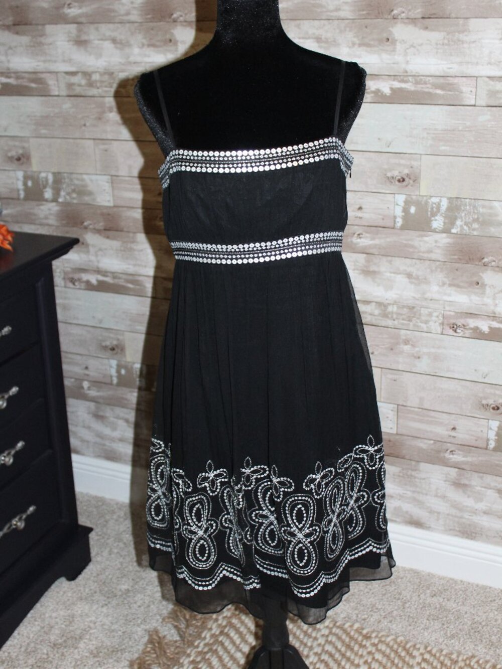 Knee Length Black w/ Silver Sequin Design Adjustable Straps Side Zip Dress